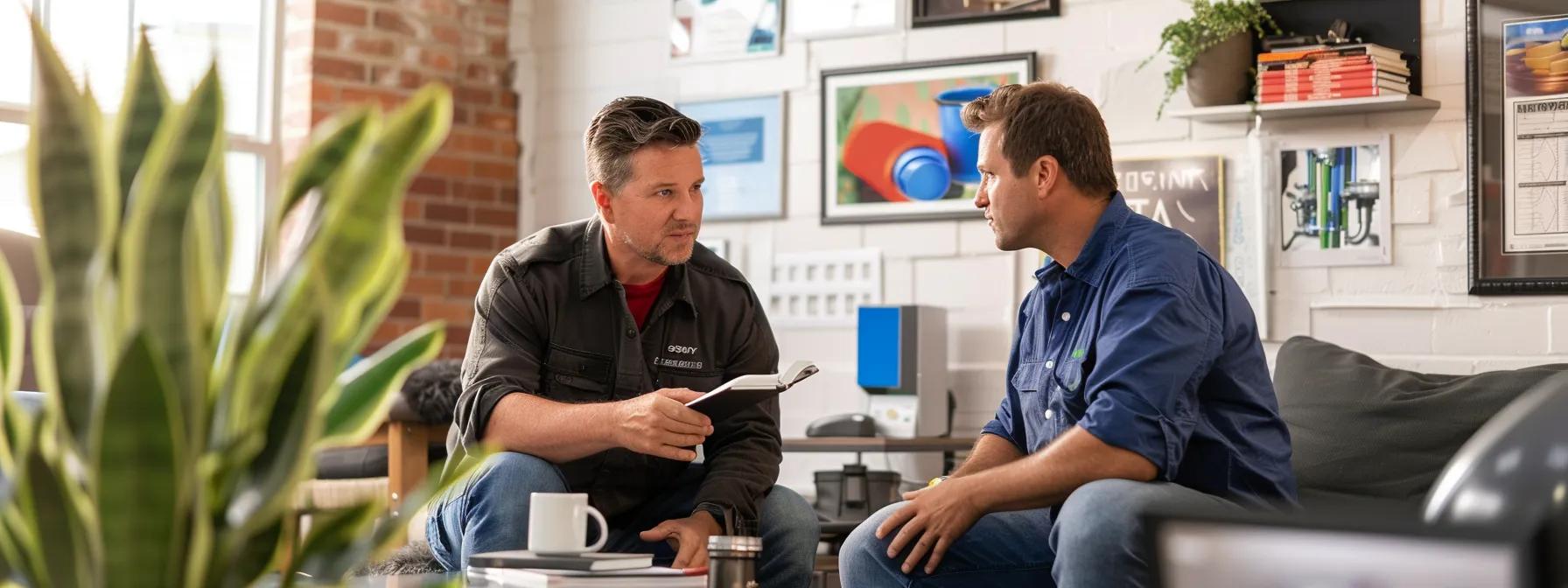 a professional repipe specialist, confidently discussing plumbing solutions with a homeowner in a modern, bright office setting adorned with plumbing certifications and project blueprints, highlighting the importance of expertise and local support for upgrading to pex systems. a professional repipe specialist, confidently discussing plumbing solutions with a homeowner in a modern, bright office setting adorned with plumbing certifications and project blueprints, highlighting the importance of expertise and local support for upgrading to pex systems.